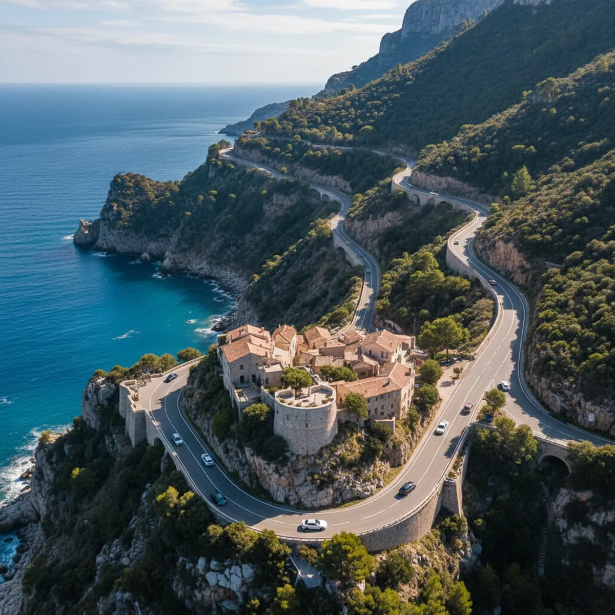 Vue aérienne des trois corniches au-dessus de Èze et de la Méditerranée road trip Côte d'Azur