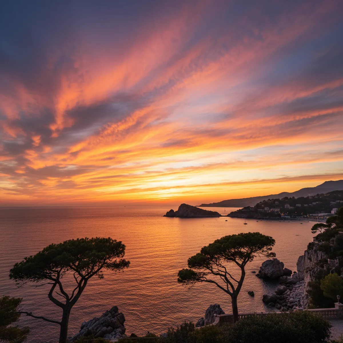 Coucher de soleil spectaculaire sur la Méditerranée Côte d'Azur ciel orange et rose