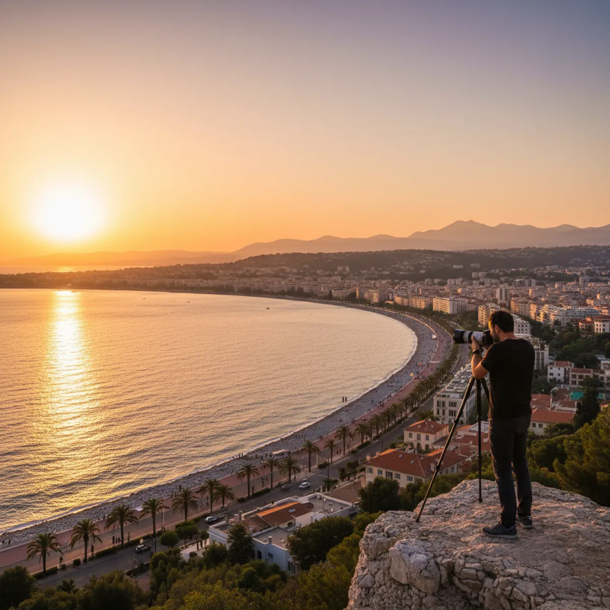 Photographe au sommet du Mont Boron capturant la baie des Anges au coucher du soleil Nice