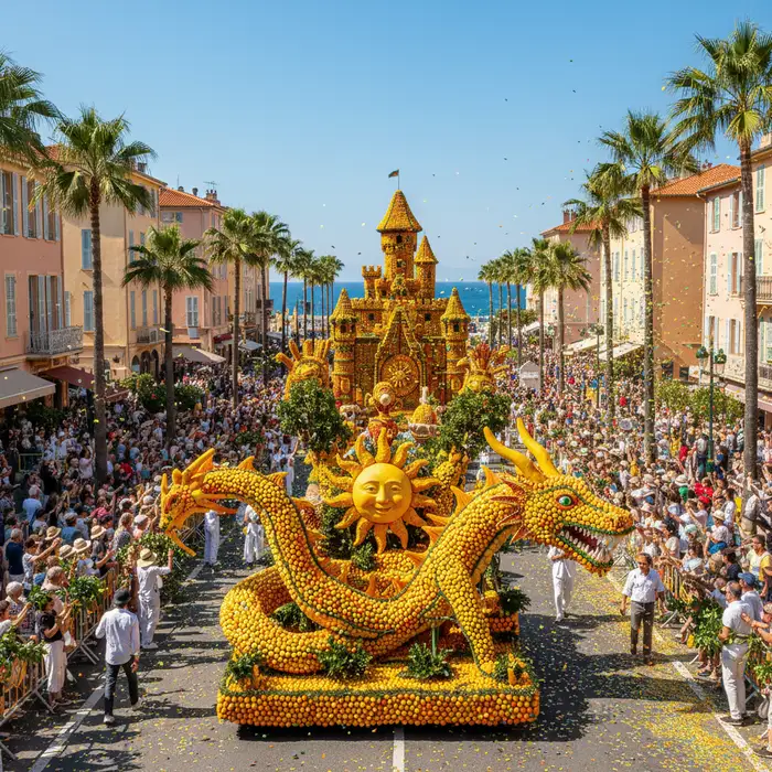 Sculptures monumentales d'agrumes lors de la Fête du Citron de Menton