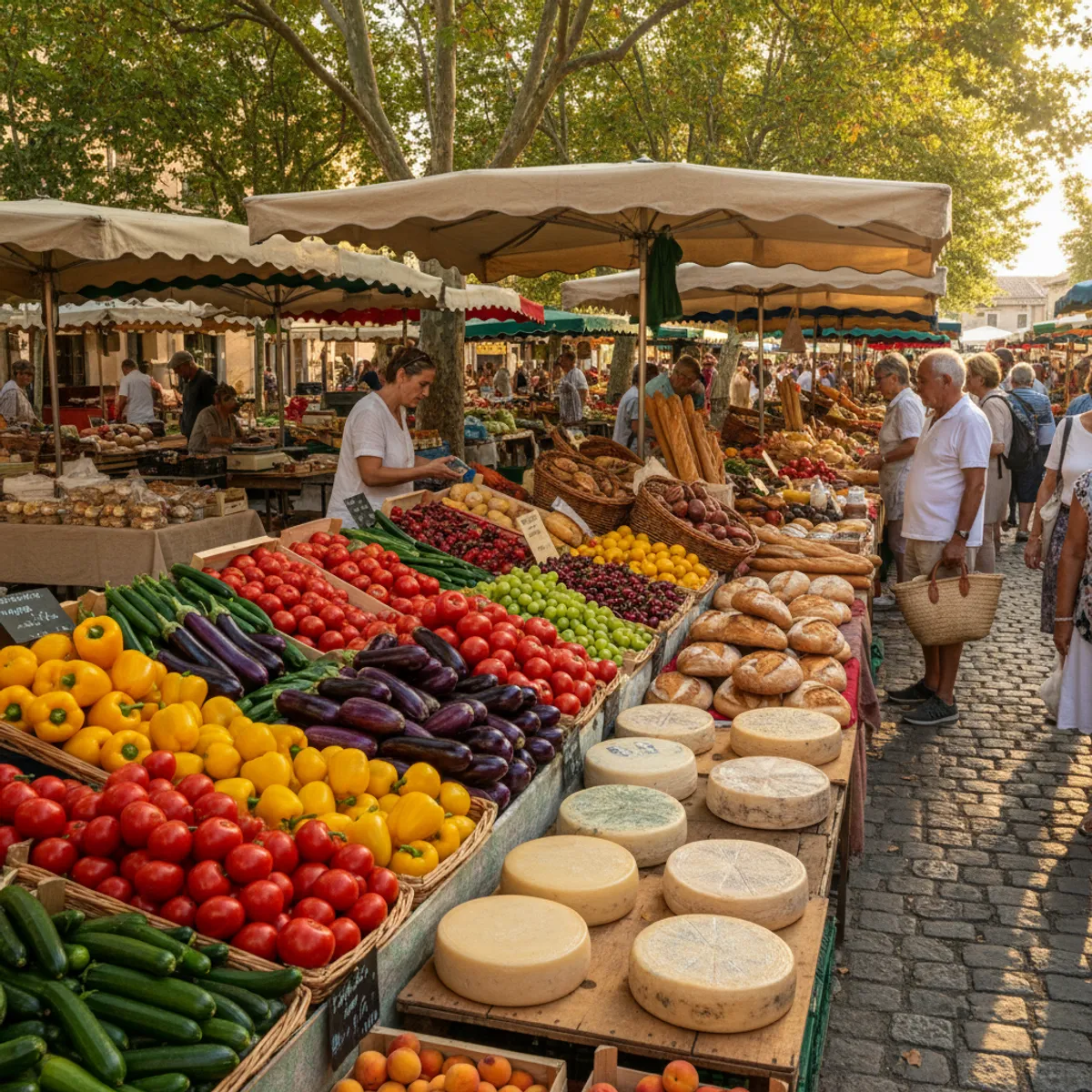 Étal de marché provençal avec fruits, légumes et produits locaux colorés