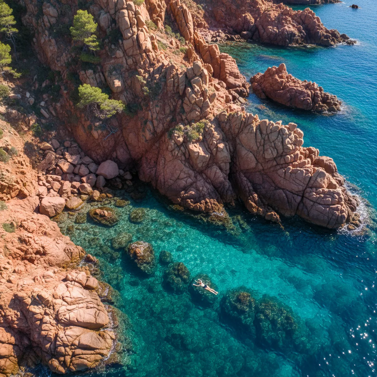 Crique secrète du massif de l'Estérel avec ses eaux cristallines et ses falaises de roches volcaniques rouges