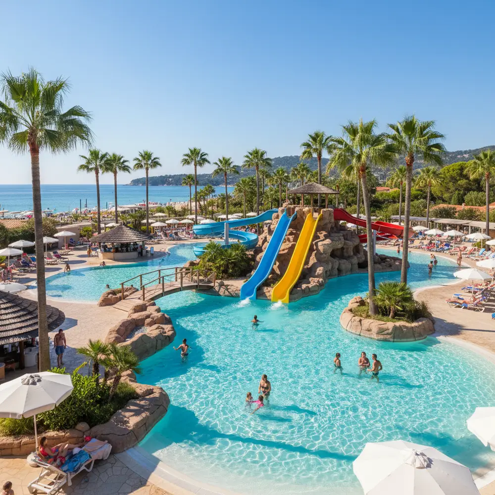 Piscine lagon avec toboggans et palmiers camping 5 étoiles Côte d'Azur