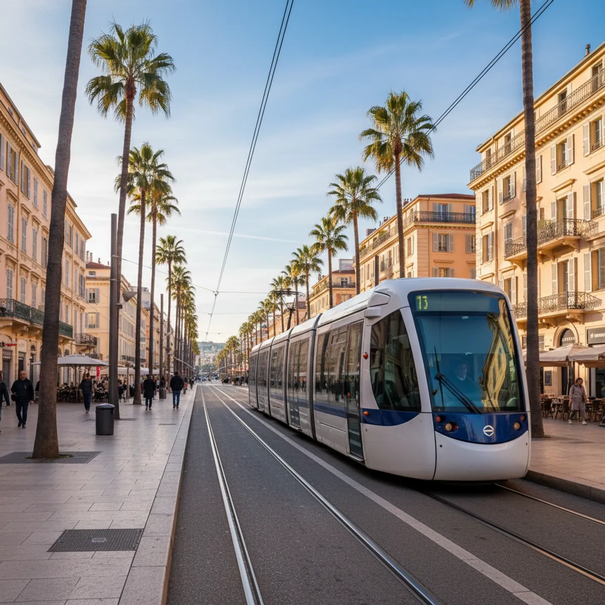 Tramway de Nice traversant la place Masséna avec fontaines et architecture