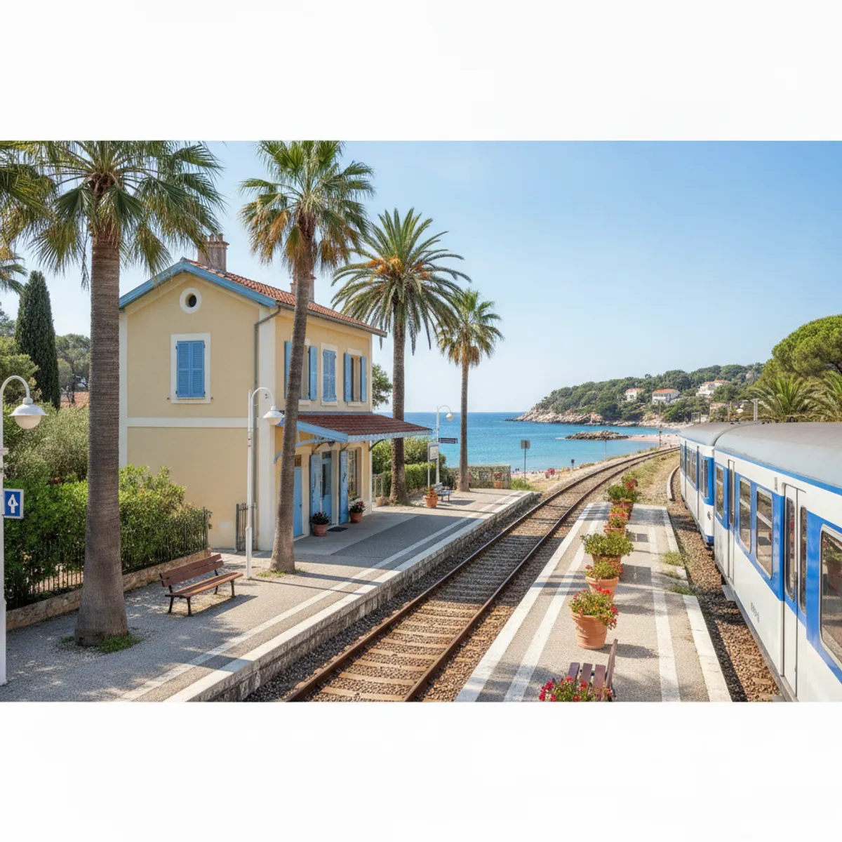 Gare et bord de mer sur la ligne ferroviaire de la Côte d'Azur