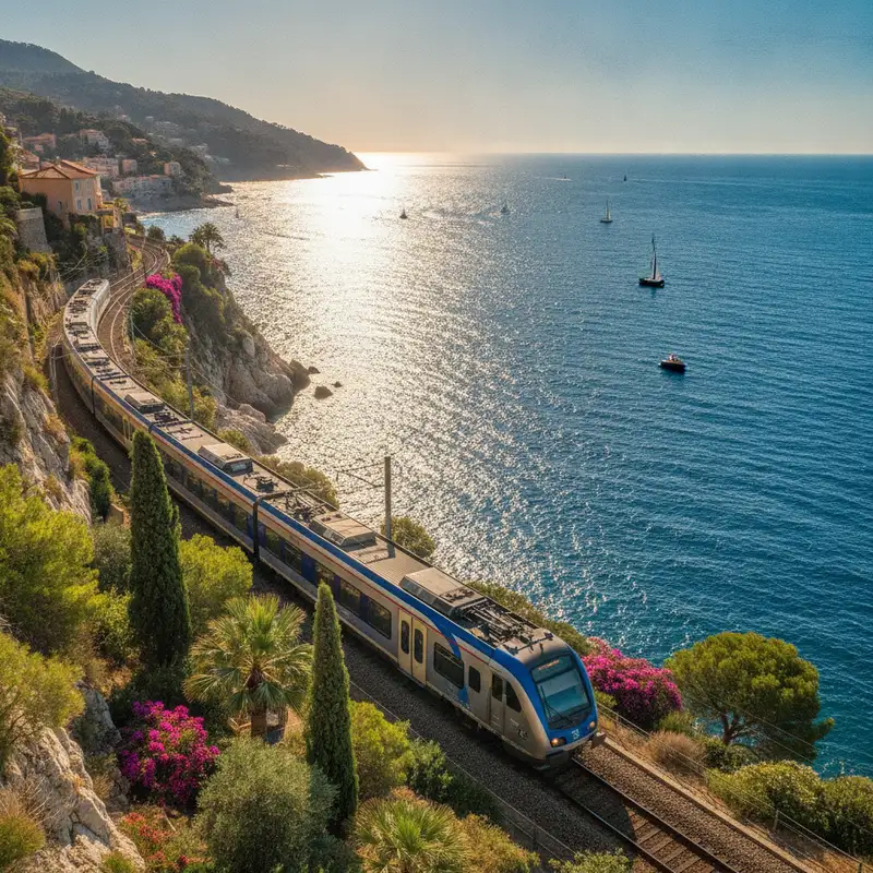Train régional longeant le littoral de la Côte d'Azur