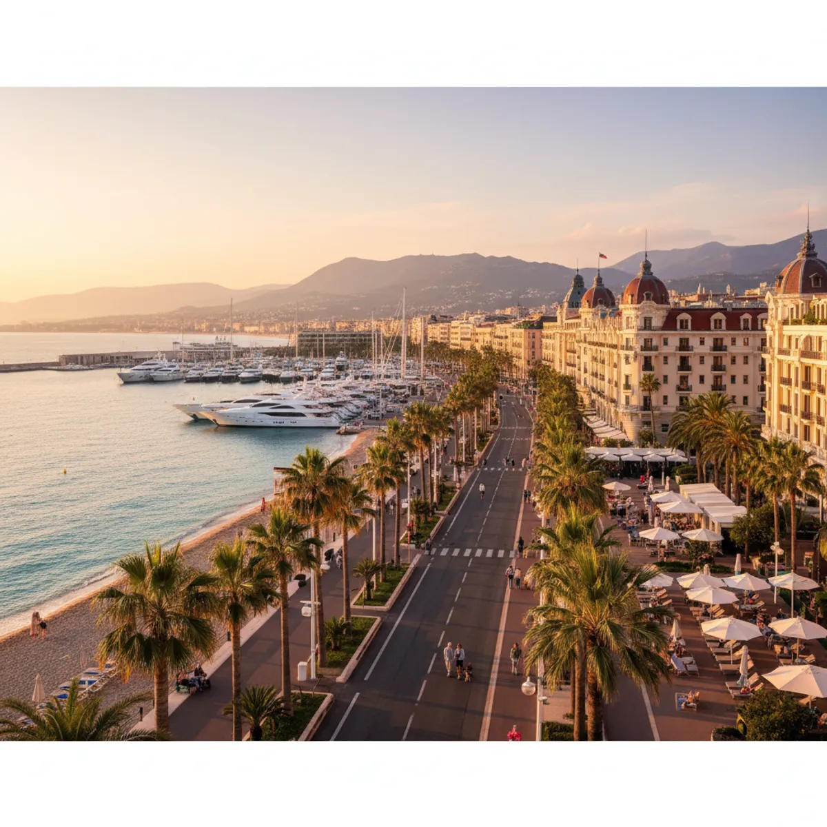Ambiance sur la Croisette pendant le Festival de Cannes avec palmiers et yachts