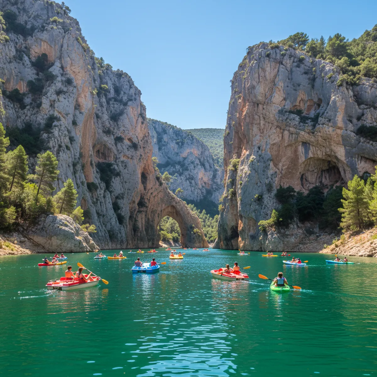 Kayaks sur les eaux émeraude du Verdon près du lac de Sainte-Croix