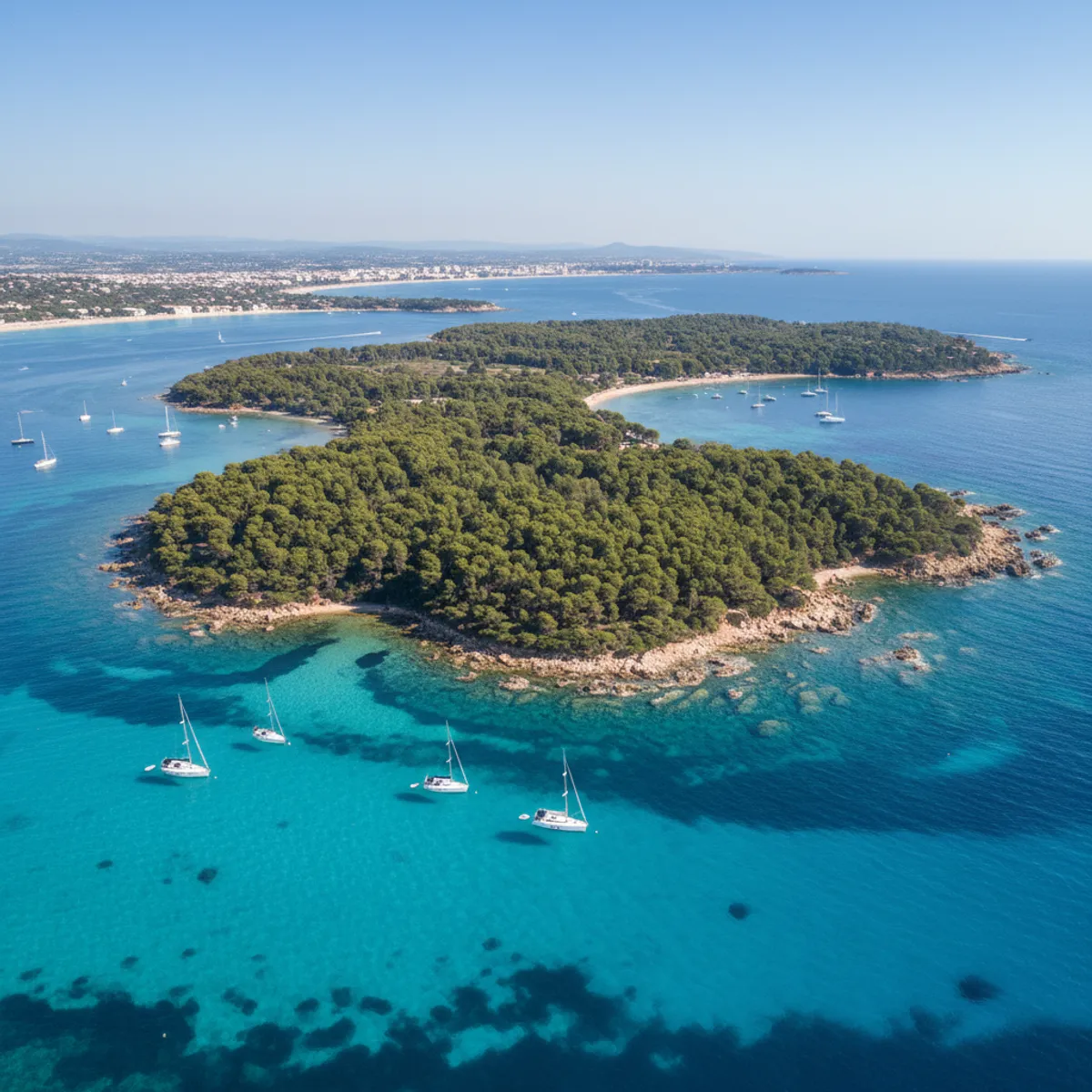 Île Sainte-Marguerite vue depuis Cannes eaux turquoise et forêt de pins