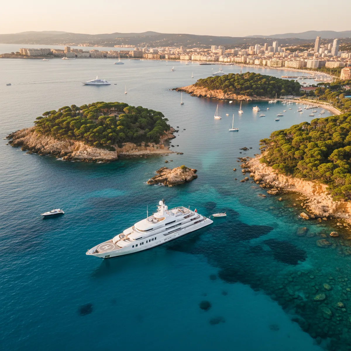 Yacht de luxe au mouillage devant les îles de Lérins Côte d'Azur