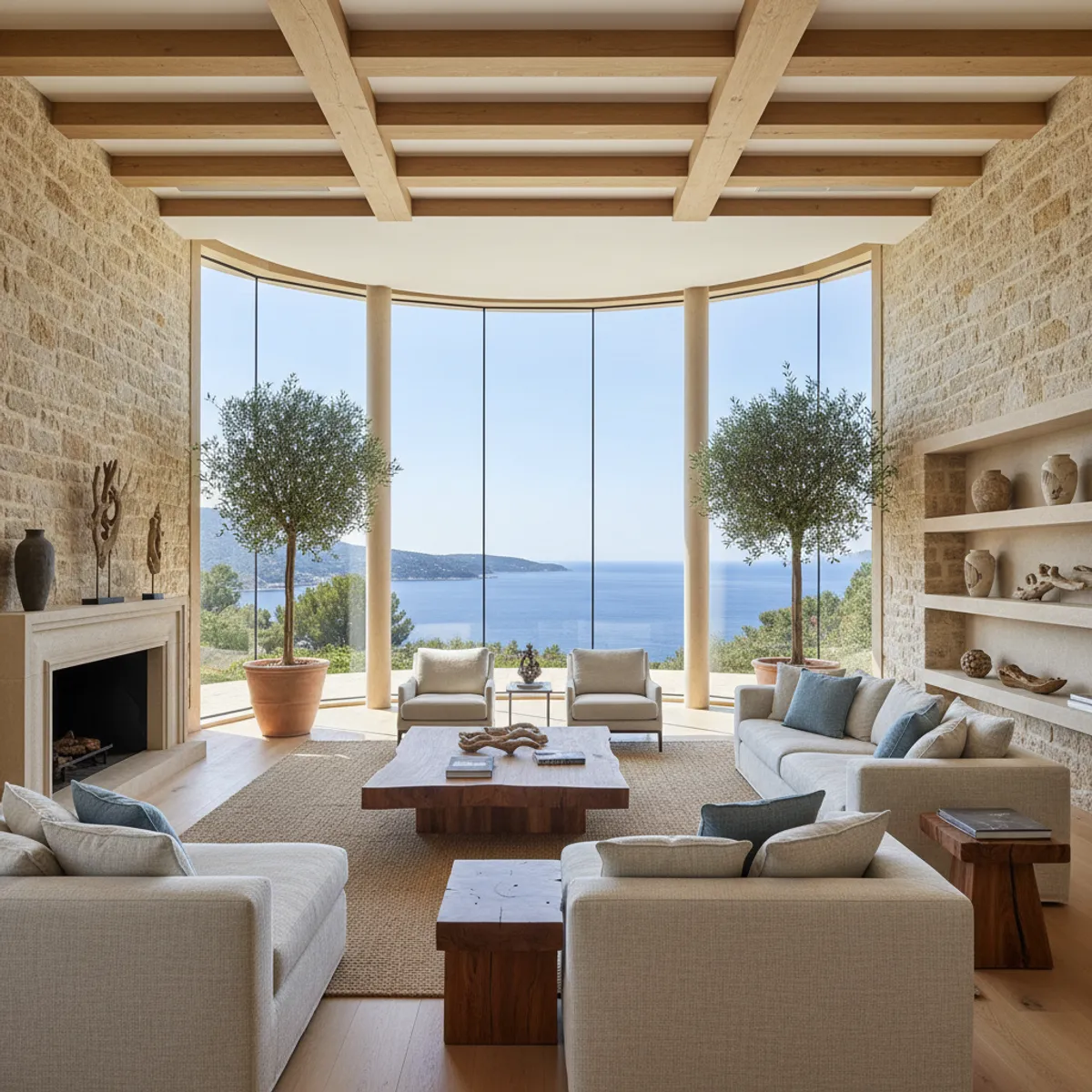 Salon spacieux d'une villa haut de gamme Côte d'Azur baies vitrées vue Méditerranée