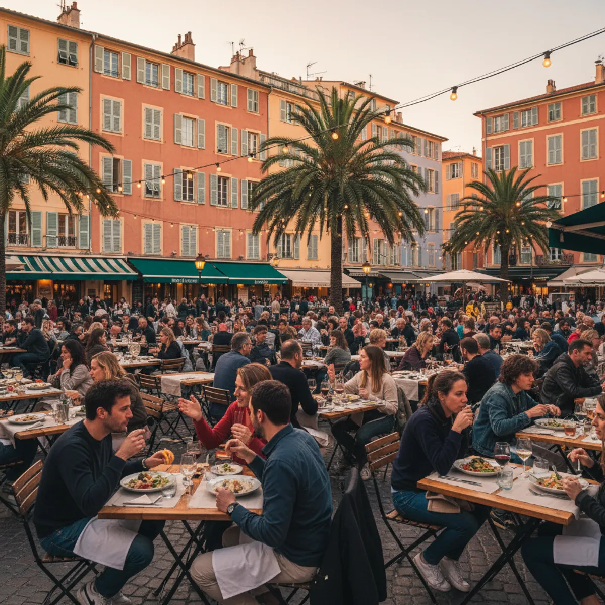 Terrasse animée dans le Vieux-Nice avec façades colorées et tables dressées de spécialités niçoises