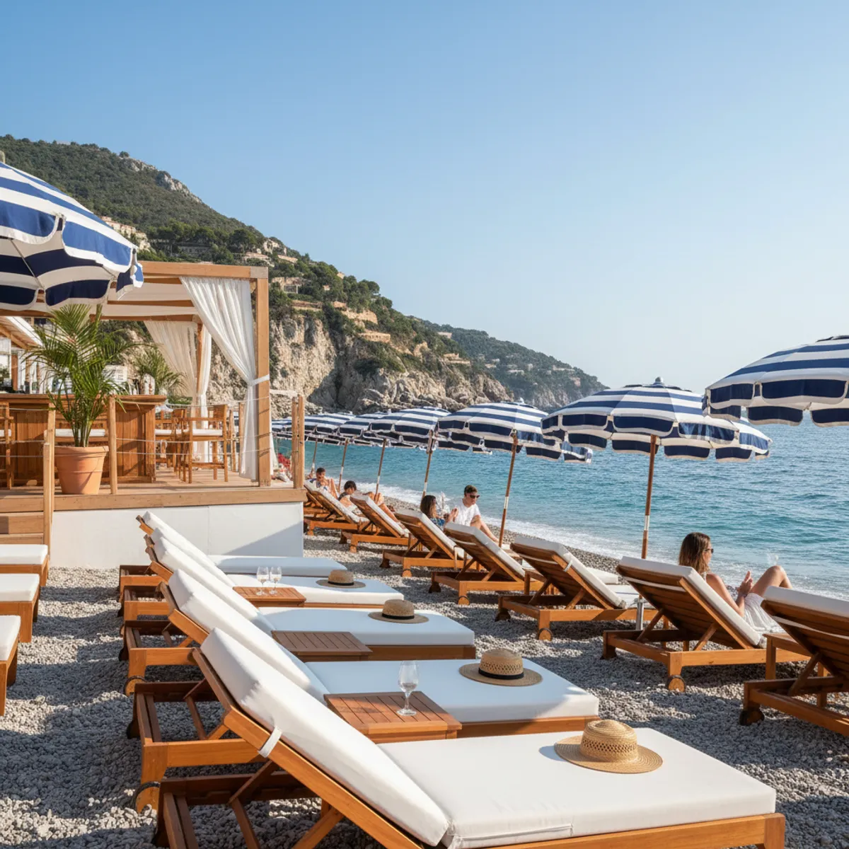 Restaurant de la plage de Paloma avec sa terrasse ombragée face aux eaux turquoise de Cap Ferrat