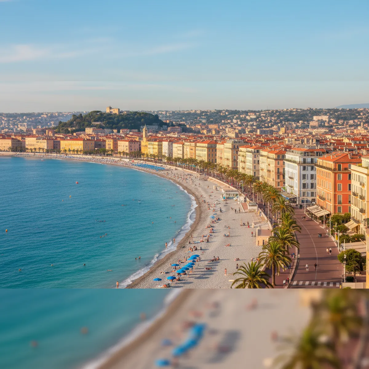 Vue panoramique des plages de Nice et de la Promenade des Anglais sous le soleil de la Côte d'Azur