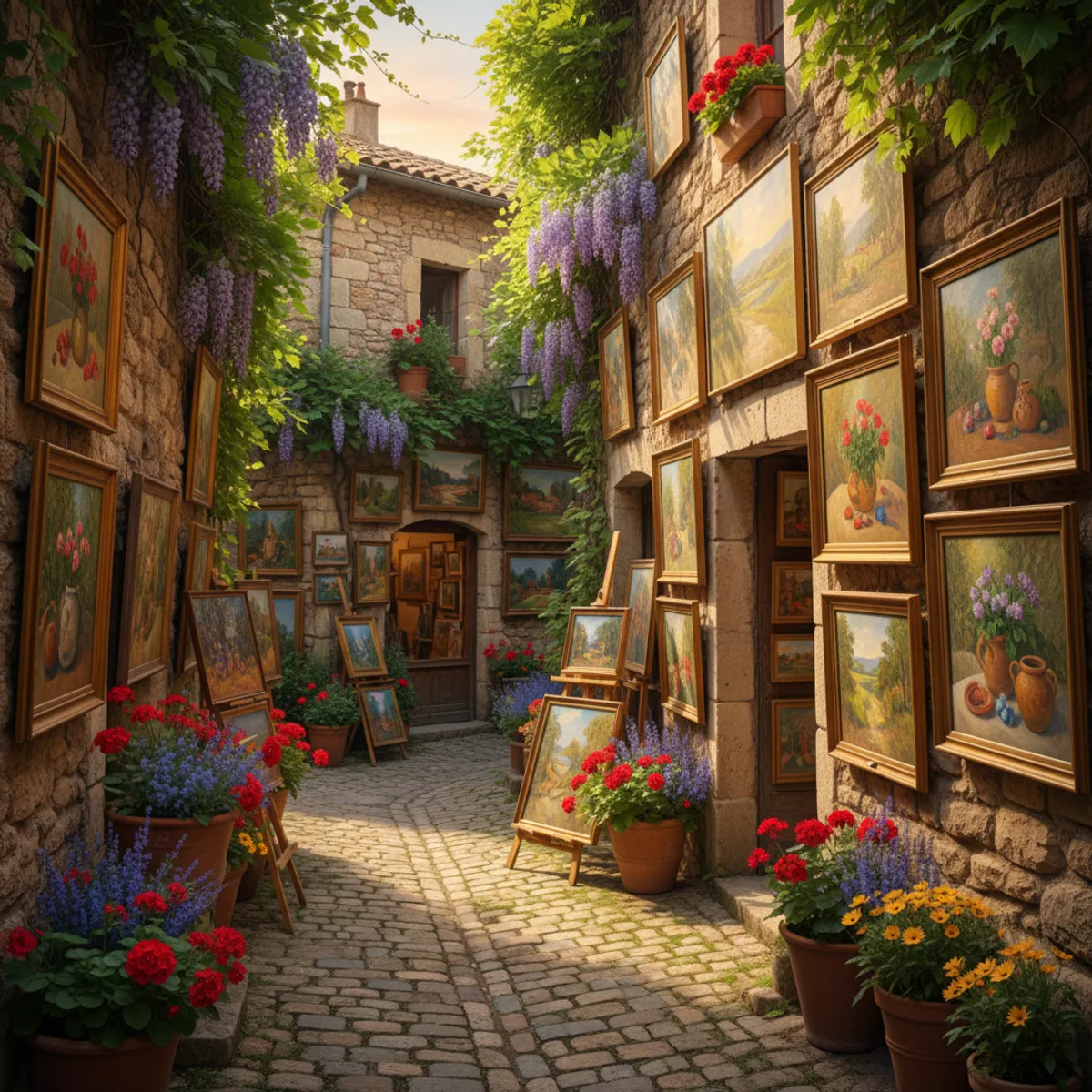 Galerie d'art contemporain dans une ruelle pavée de Saint-Paul-de-Vence avec sculptures et tableaux