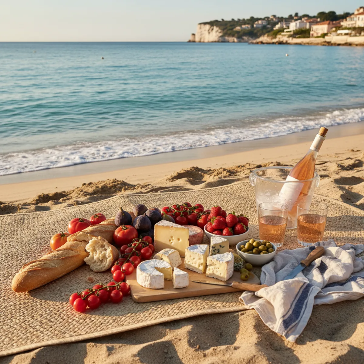 Pique-nique provençal sur la plage avec produits du marché Côte d'Azur économique