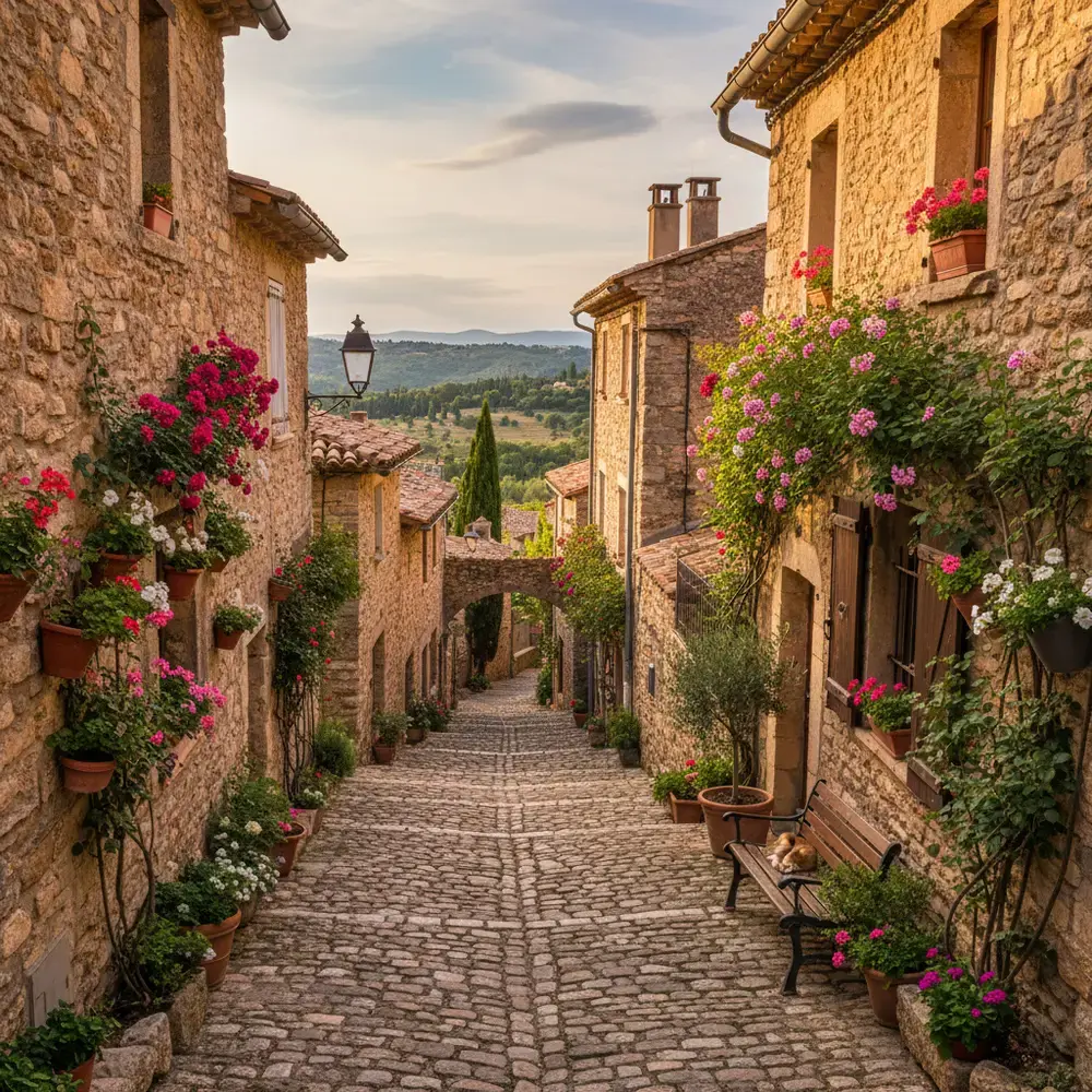 Ruelle pavée d'un village perché avec maisons en pierre et fleurs Provence