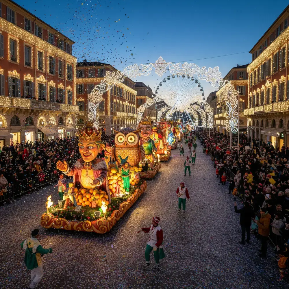 Carnaval de Nice illuminations char coloré place Masséna événement hivernal Côte d'Azur