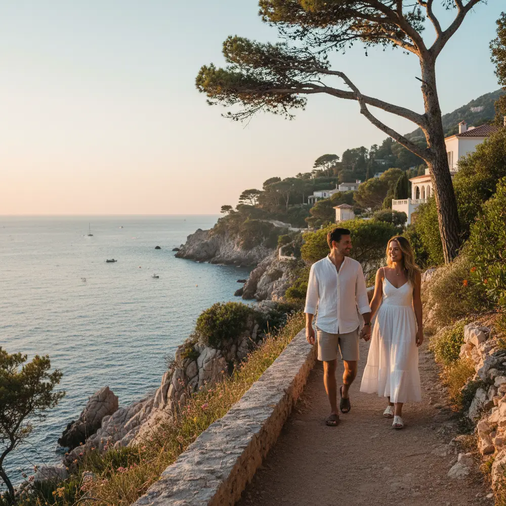 Couple main dans la main sur un sentier littoral du Cap-Ferrat coucher de soleil